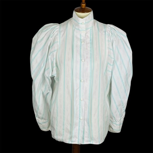 Vtg 80s Idioms Gibson Girl Statement Puff Sleeve Top Sz S High Neck Pastel - Picture 2 of 7
